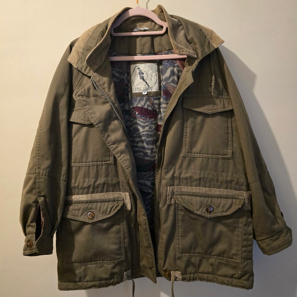 Vintage 90s Inner View Gitano Jacket Womens M Olive Green Duck Print Field Coat
